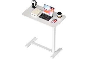 BIZUM Adjustable Bedside Table with Swivel Hidden Wheels Pneumatic Rolling Desk Mobile Standing Desk with Cup Holder for Hospital Home(27.6"x15.8" White)
