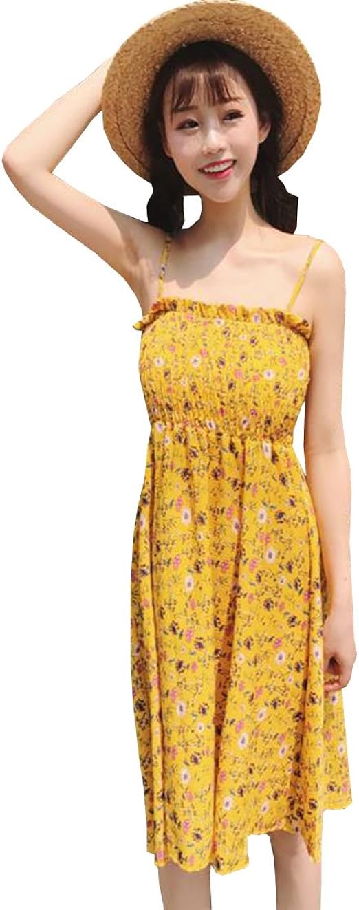 Amazon Duwei ドゥウェイ レディース 春 ワンピース ビーチ ゆったり楽ちん 涼しい着心地 ワンピース リゾートワンピース ノースリーブワンピース シフォンワンピース イエロー ワンピース チュニック 通販