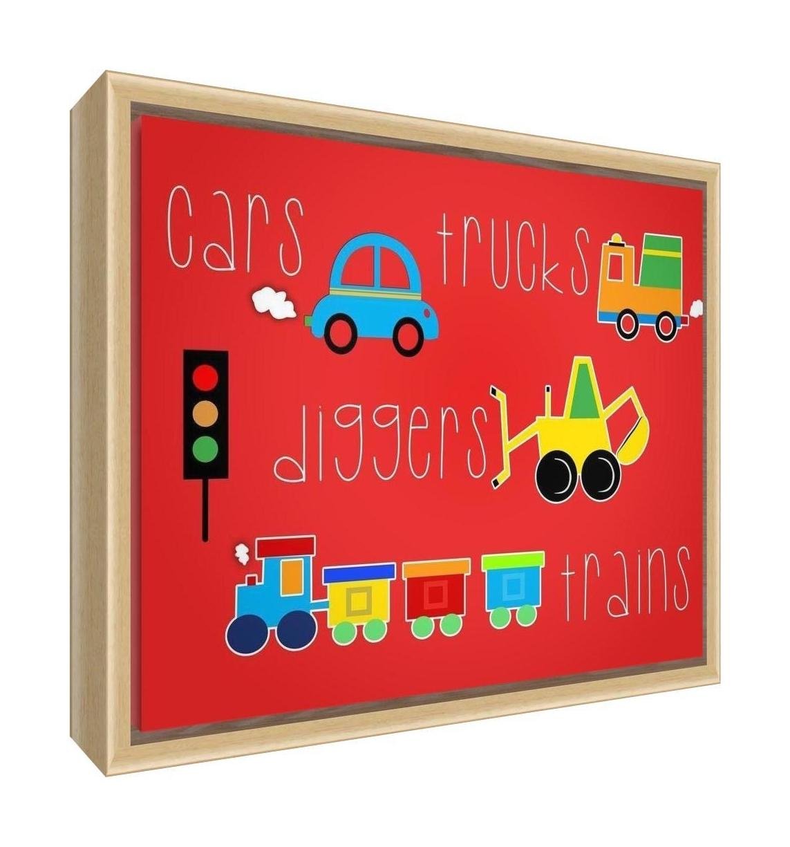 Feel Good Art Eco-Printed and Framed Nursery Canvas with Solid Natural Wooden Frame (64 x 44 x 3 cm, Large, Red, Cars/Trucks/Diggers/Trains)