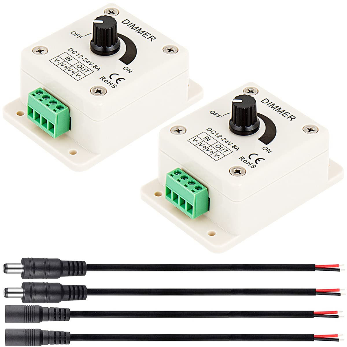 Youmile DC 12-24V LED PWM Dimmer Controller 8A 0%-100% PWM stepless dimming with DC male cable DC female cable,for various lights such as LED lights and colored lights.pack of 2