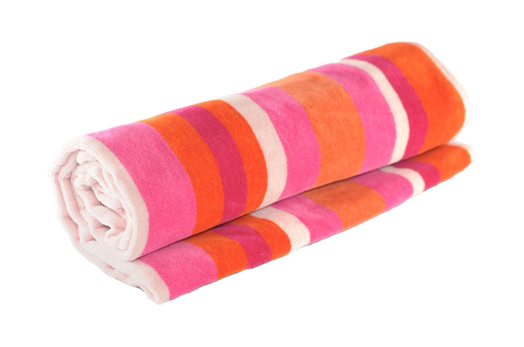 Lex's Linens Pack of 2 Striped Velour/Towelling 100% Cotton Beach Towels (Pink & Orange)