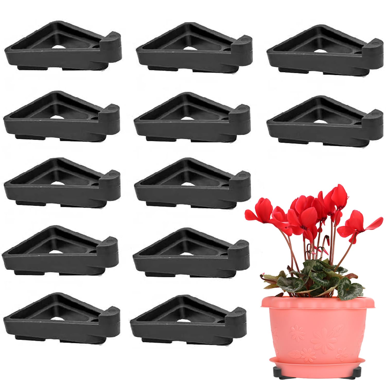 Menmamenma Flower Feet Pots Planters Risers Pot Plastic Triangle Toes Small Invisible Pots for Garden Plants,Indoor Outdoor Gardening Plant Holder (12pcs,Black)