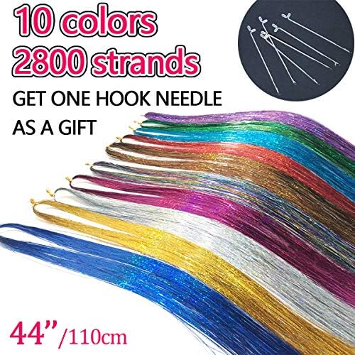 AllBeauty 44” Hair Tinsel 10 Colors 2800 Strands Sparkling Shiny Hair Flairs Extensions Party Highlights Glitter Extensions Multi-Colors Hair Streak Synthetic Hairpieces (10 Colors/Pack)