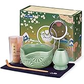 JUL WIND Matcha Whisk Set, Ceramic Matcha Set Includes Matcha Bowl with Spout, Matcha Whisk and Holder, Bamboo Scoop, Sifter and Tea Towel - 6 Pcs Matcha Kit Gift for Matcha Lovers (Green)
