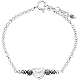 925 Sterling Silver - Black Pearl Bracelet for Women - 3mm Black Round Pearl Beads with Heart Charm - 16-18cm Length Chain -June Birthstone Bracelet for Women - Black Pearl Jewelry Gift for Her