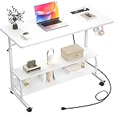 Armocity Height Adjustable Standing Desk with Power Outlets, 39" Manual Stand Up Desk with Storage Shelves Small Mobile Rolling Computer Desk Portable Laptop Table with Wheels for Home Office, White