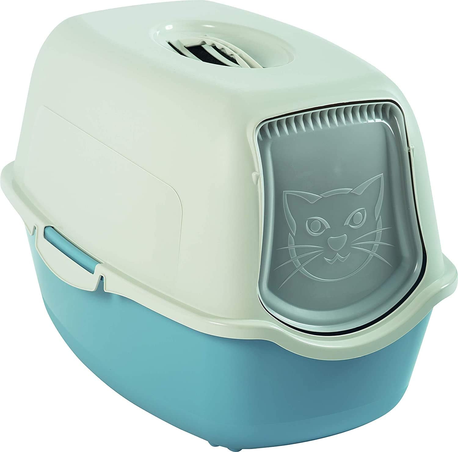 Rotho, Bailey, Litter box with hood and flap, Plastic (PP) BPA-free, pigeon blue/white, 56,0 x 40,0 x 39,0 cm