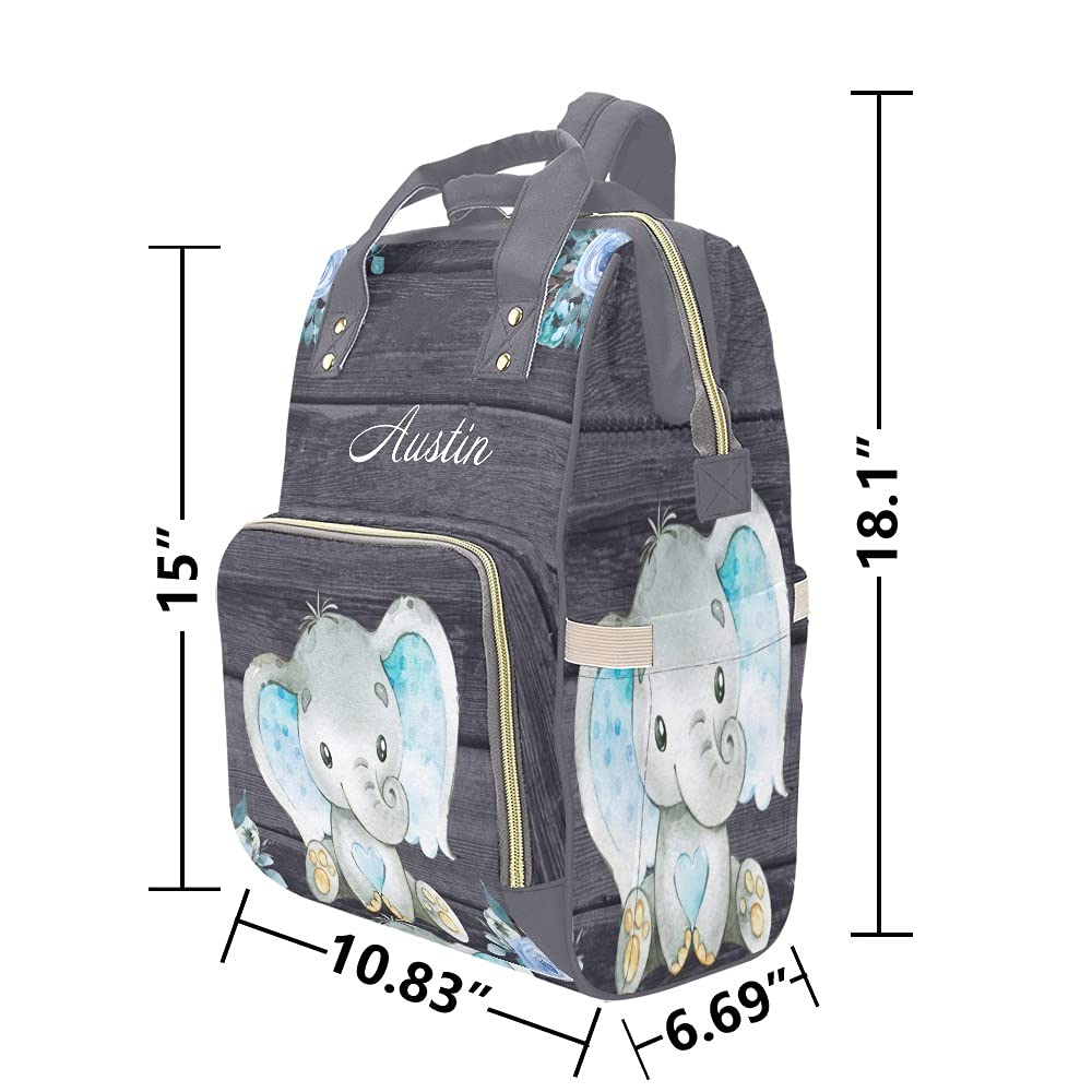 Personalized Cute Blue Elephant Floral Diaper Backpack with Name Text Large Capacity Custom Multi-Function Bag Unisex Travel Backpack for Mom Dad Boy Girl, 10.83 in L x 6.69 in W x 15 in H