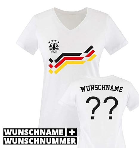 Damen Fußball T-Shirt bedruckbar - Wunschname & Nummer - WM/EM/Deutschland – V-Neck Shirt für Damen in Weiß - Deutschland Ret