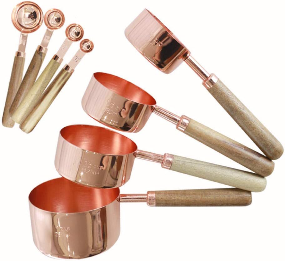 Measuring Spoons and Measuring Cups Set, Durable Stainless Steel 5 Measuring Cups and 5 Spoons Set for Baking Cooking, with Wooden handle-8-piece Set