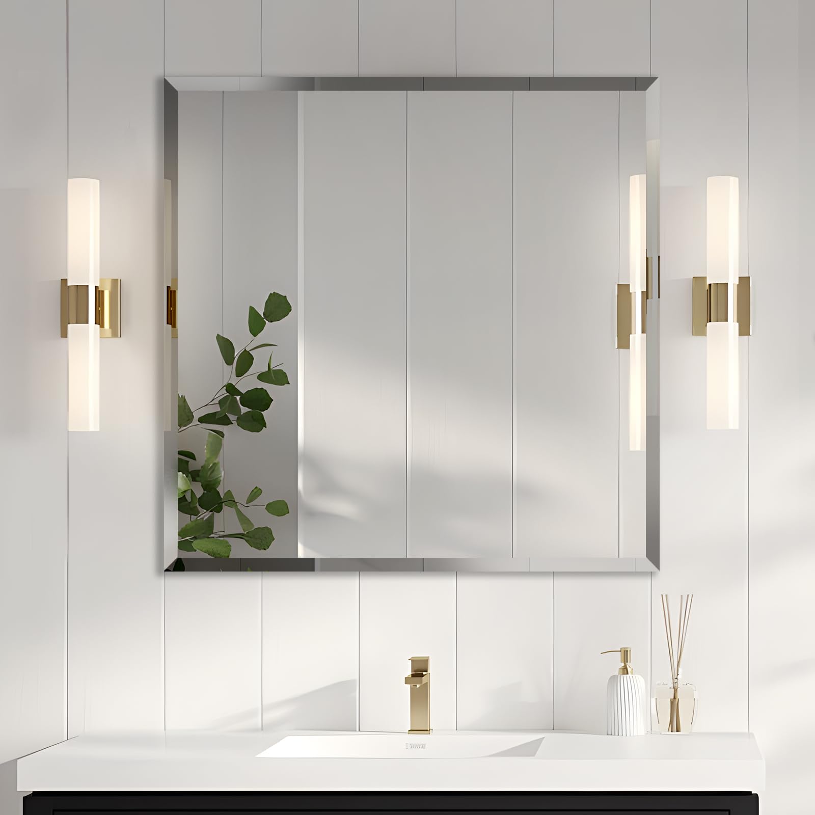 Photo 1 of LAMCHMOR 30x30 Inch Bathroom Mirror Frameless Beveled Edge Rectangle Wall Mirror Explosion Proof and Shatterproof Bathroom Vanity Mirror Wall Mounted Hang Firmly (Horizontal or Vertical)
