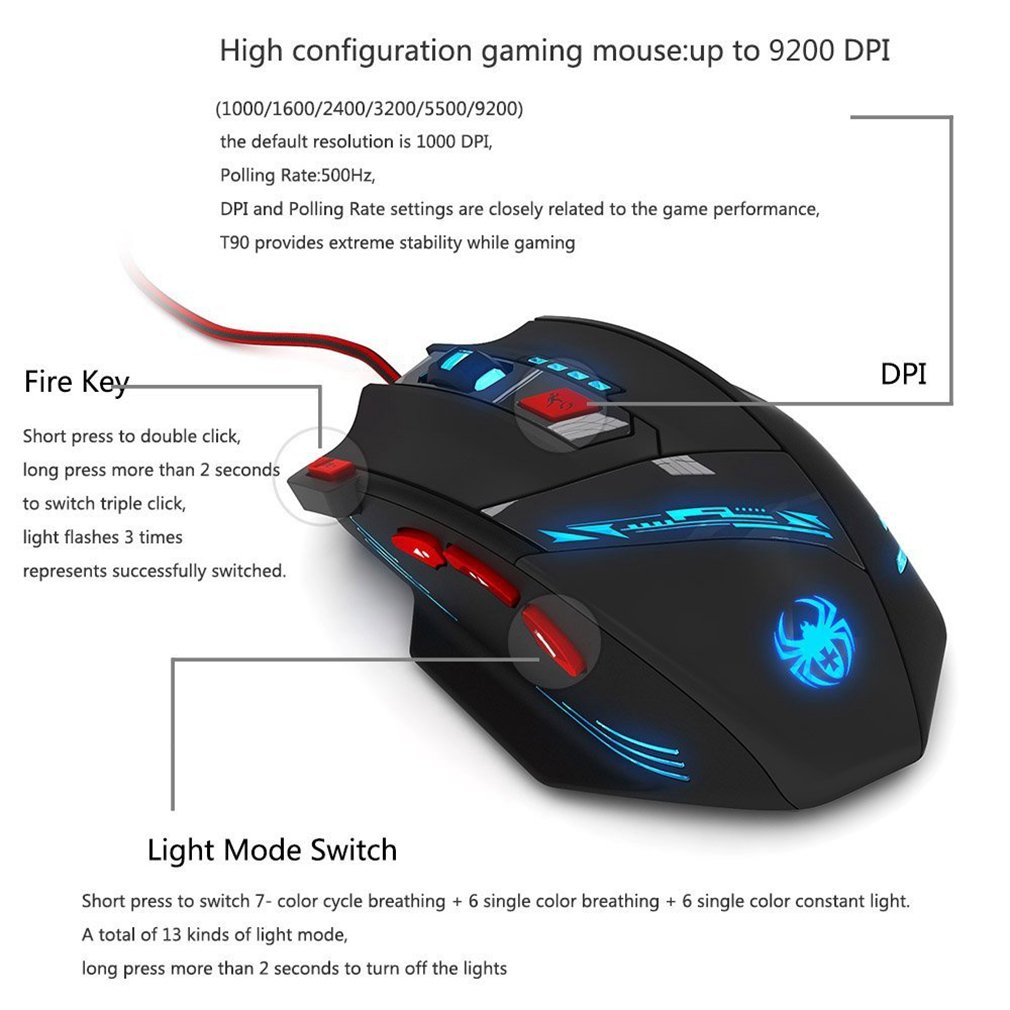 Gaming Mouse, Zelotes 9200 DPI Wired PC Gaming Mice, 8 Buttons Ergonomic Grips, 13 LED Mode and Weight Tuning Set for Windows Mac Macbook Linux - Black