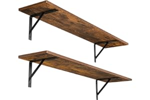 DINZI LVJ Long Wall Shelves, 31.5 Inch Wall Mounted Shelves Set of 2, Easy-to-Install, Wall Storage Ledges with Sturdy Metal Brackets for Living Room, Bathroom, Bedroom, Kitchen, Rustic Brown