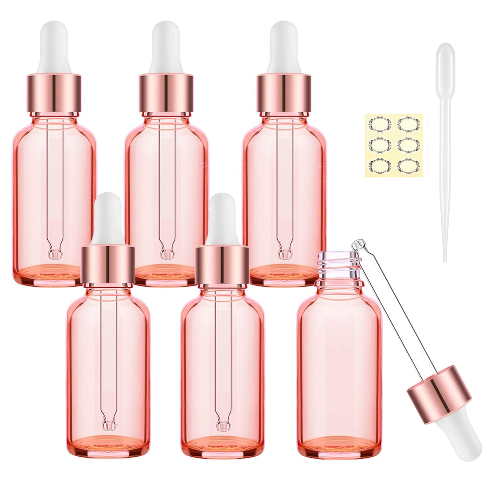Alledomain 6Pcs, 20Ml Rose Gold Glass Bottles with Dropper Pipettes, Empty Dropper Bottles Rose Gold Metal Cap Refillable Sample Travel Container for Essential Oil/Aromatherapy Blends/Chemical Liquid