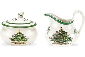 Spode Christmas Tree Collection Sugar and Creamer Set | 16 oz Sugar Bowl with lid 8 oz Creamer | Made of Fine Earthenware | I