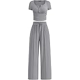 PRETTYGARDEN Womens 2 Piece Outfits Summer 2026 Ribbed Knit Button Short Sleeve Tops Casual Wide Leg Pants Lounge Sets