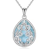 YAFEINI Filigree Teardrop Necklace 925 Sterling Silver Moonstone/Lapis Lazuli/Larimar/Pink Opal Pendant Necklace Jewelry Birthday Gifts for Women Grandmother
