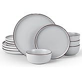 Famiware Mercury Plates and Bowls Sets, 12 Pieces Stoneware Dinnerware Sets, Dishes Set for 4, Microwave and Dishwasher Safe, Light Grey