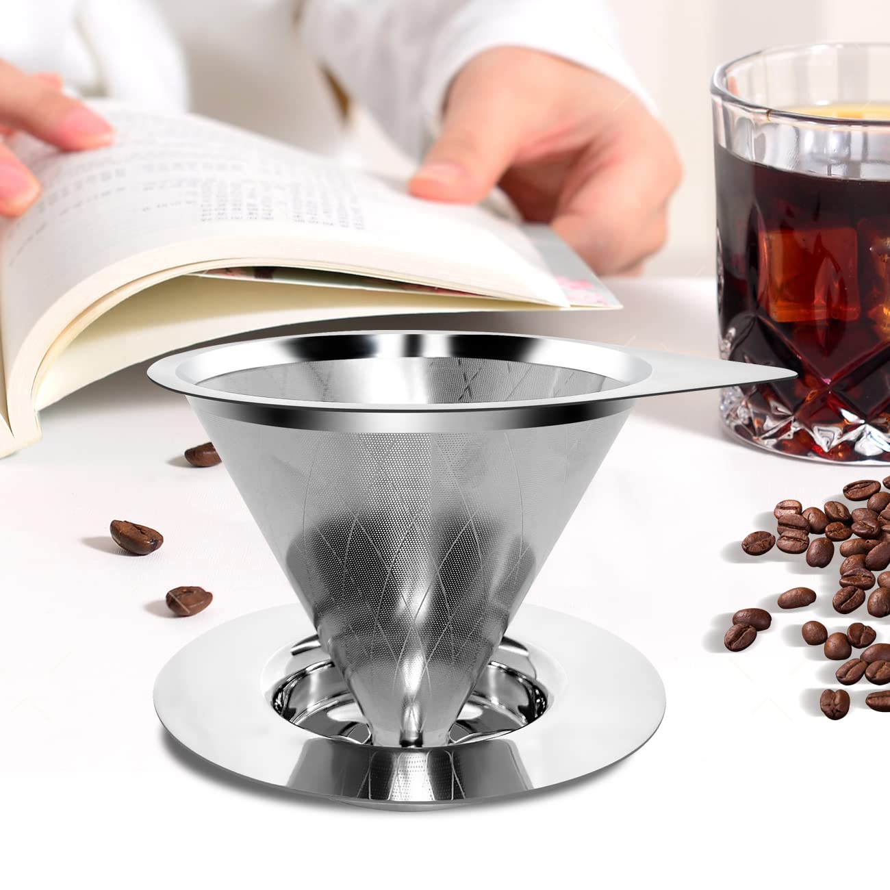 LHS Pour Over Coffee Dripper Reusable Coffee Filter Paperless Coffee Filter Stainless Steel Pour Over Coffee Maker Cone Coffee Dripper for 1-2 Cup,Argyle Pattern
