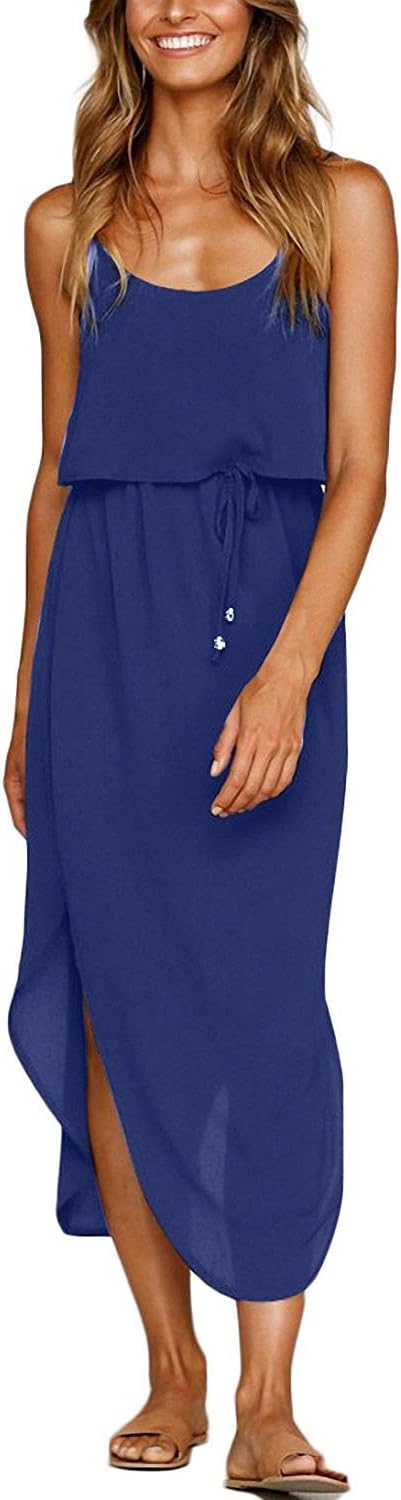 Alieyaes Women's Casual Adjustable Strappy Split Irregular Hem Summer Beach Midi Dress
