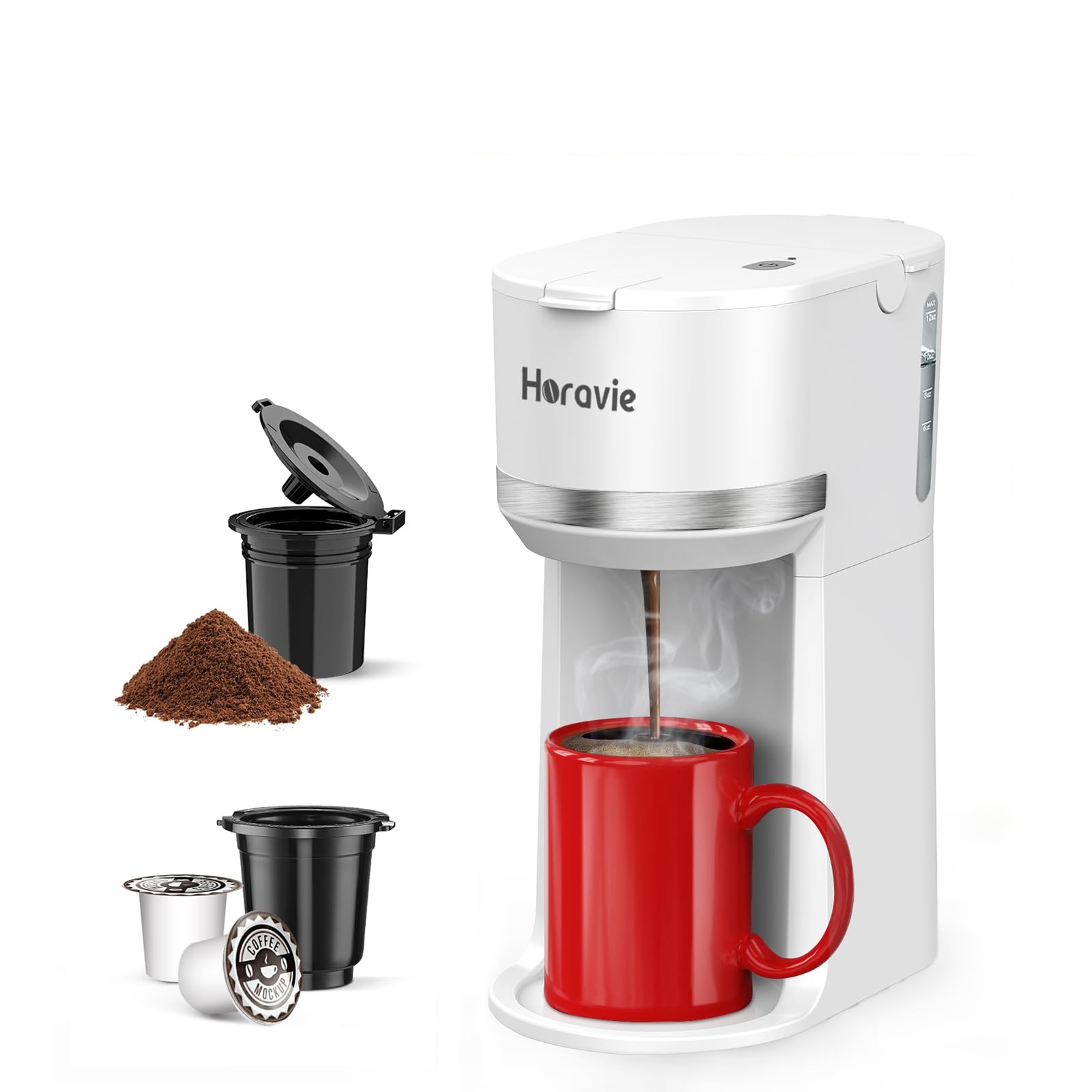Photo 1 of Horavie Mini Single Serve Coffee Maker for K Cup and Ground Coffee, Fast Brew One Cup Coffee Machine with Descaling Reminder and Water Window, 6 to 12 oz. Brew Sizes, White