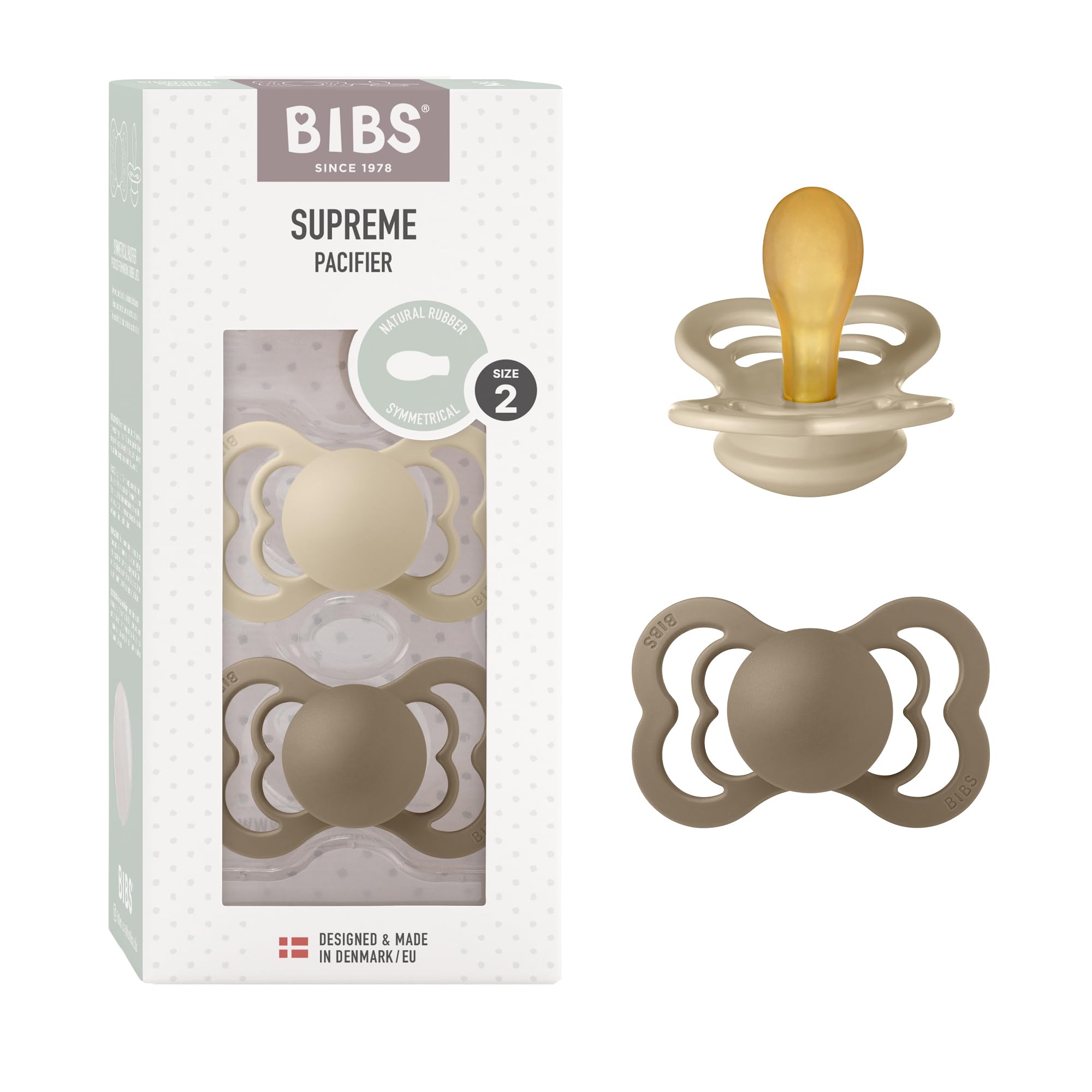 BIBS Supreme Soother 2-Pack, BPA Free Dummy Pacifier, Symmetrical Nipple. Natural Rubber Latex, Size 2 (6-18 Months), Vanilla/Dark Oak