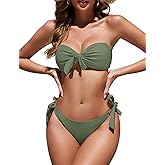 Zonsaoja Women Strapless Bandeau Bikini Set Knot Two Piece Swimsuit Side Tie Cheeky Bathing Suits