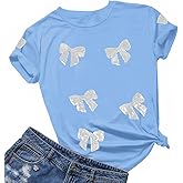 Womens Bow Shirt Coquette Aesthetic Shirts Cute Sequin Graphic Tees Trendy Pink Bow Ribbon Short Sleeve Tee Tops