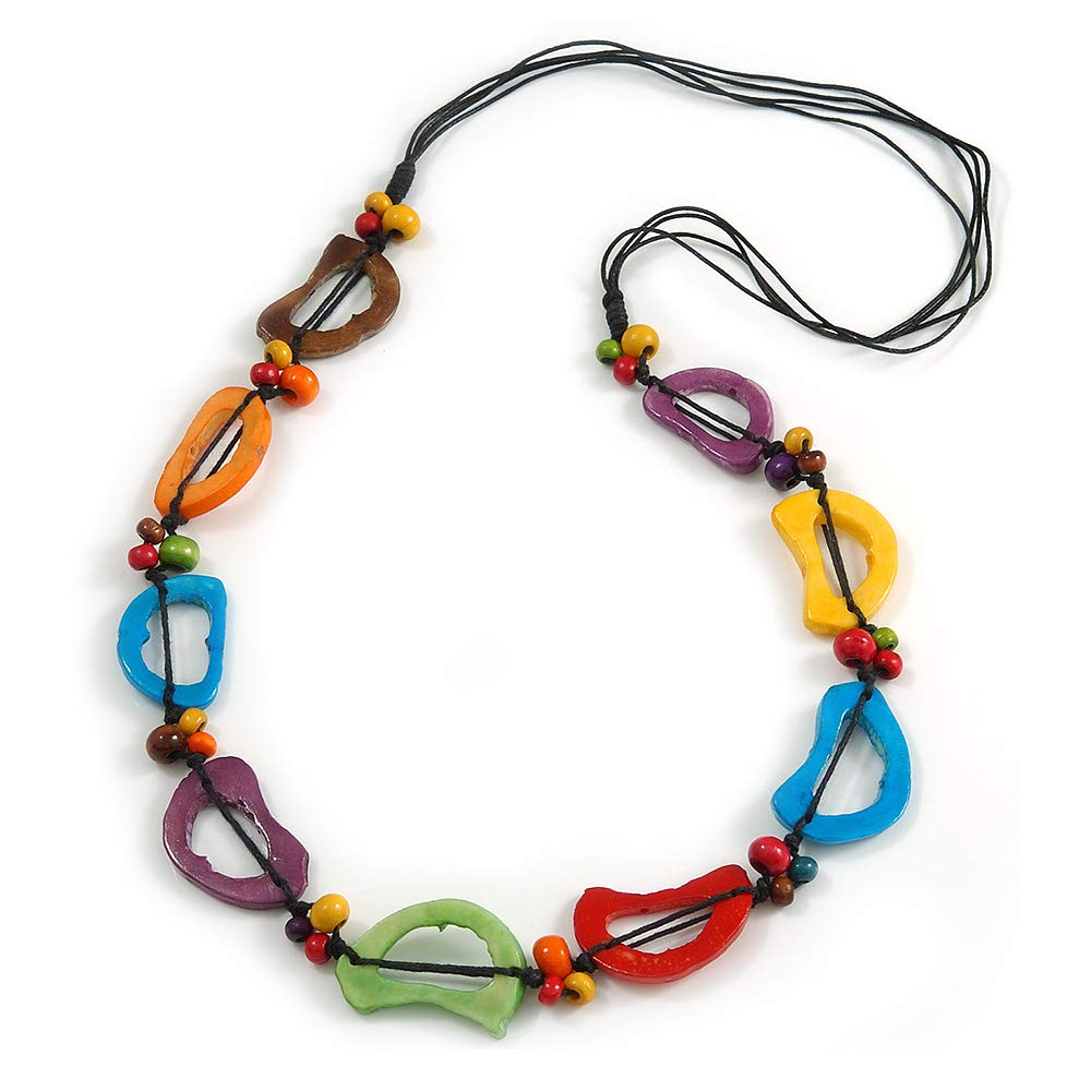 Avalaya Multicoloured Wood and Faux Bone Bead Black Cord Necklace/ 80cm L