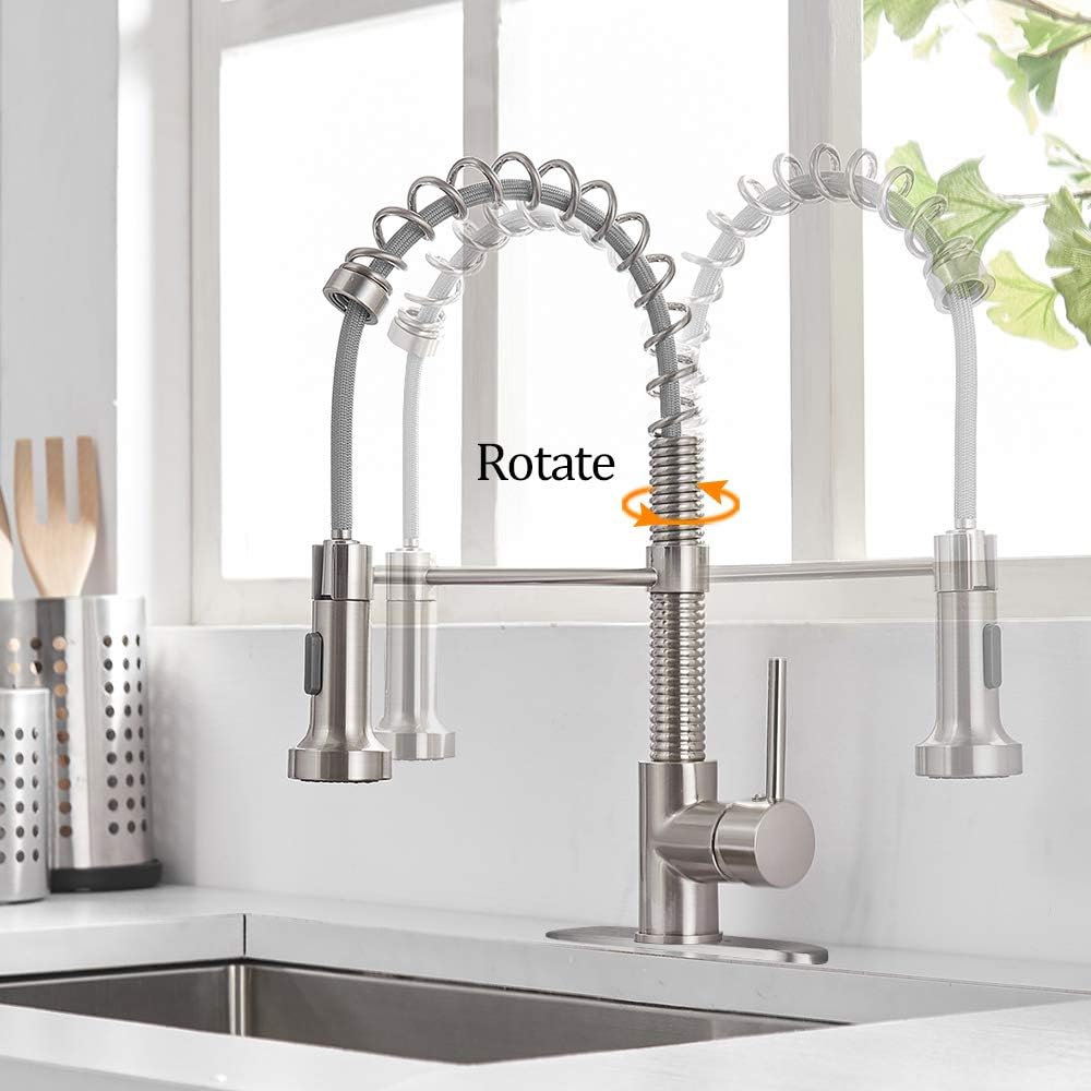 OWOFAN Pull Out Kitchen Faucet Low Lead Commercial Single Handle Pull Down Sprayer Spring Kitchen Sink Faucet, Brushed Nickel Kitchen Faucets with Deck Plate 866055SN - - 