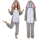 Yywsya Bunny Onesie Adult Unisex Plush Animal Pajamas Grey Rabbit One Piece Halloween Costume Cartoon Cosplay Sleepwear