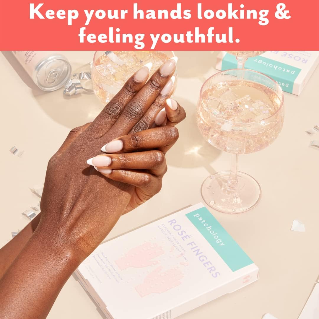 Patchology Rosé Fingers Renewing Hand Mask - Strawberry-Scented Moisturizing Gloves with Shea Butter for Dry & Cracked Hands, Repairing Hand Treatment for Baby Soft Skin, Self-Care Essential - 1 Pair