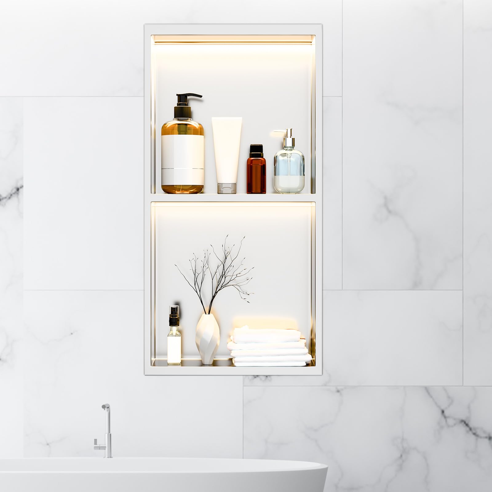 Photo 1 of 24 x 12 Inch LED Light Shower Niche Stainless Steel Niche No Tile Needed with Light Double Layer Recessed Wall Niche Insert Shower Niche Shower for Bathroom Storage(Silver)