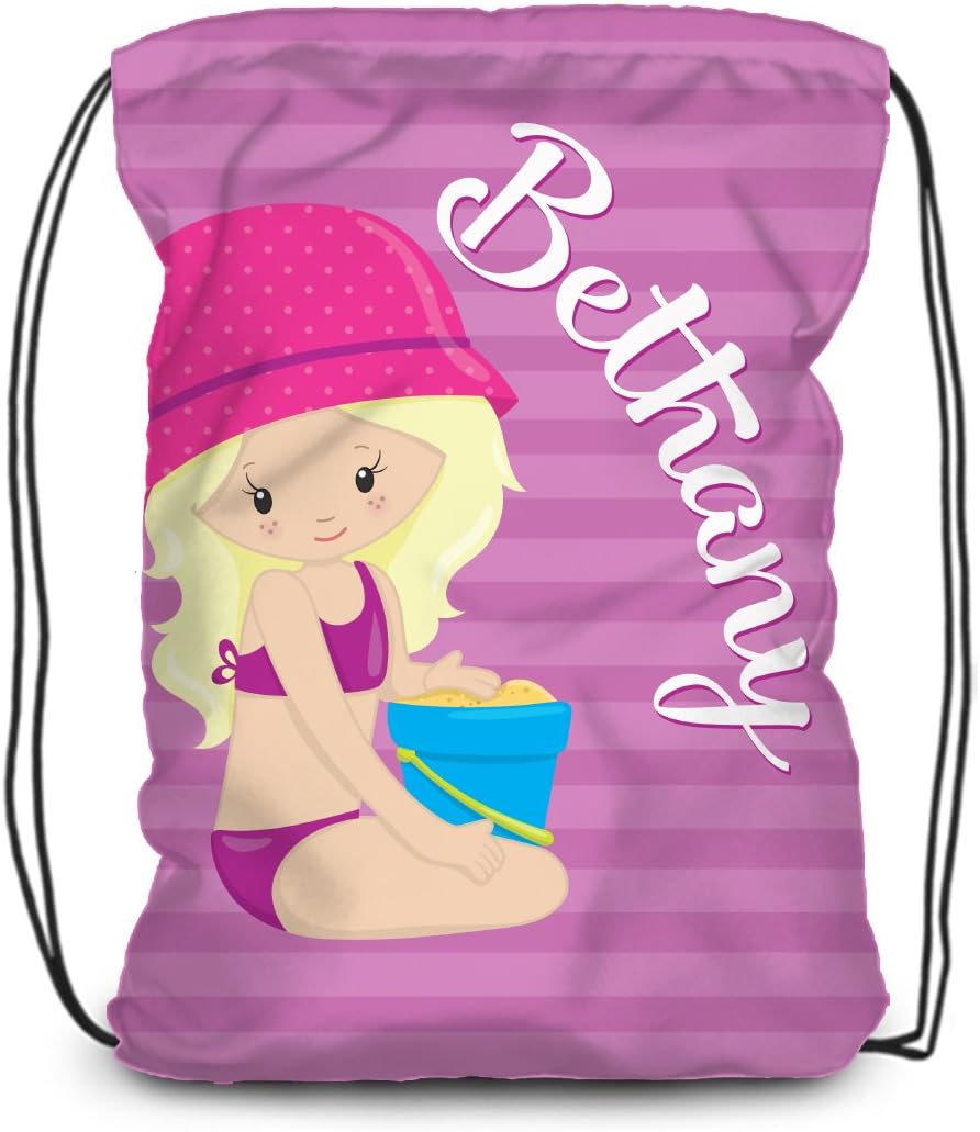 Beach Drawstring Backpack - Girl Purple Stripe Pool Bag