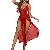PITINAN Women Lingerie Lace Babydoll Chemise Sexy Mesh Nightdress V Neck Nightwear Side Split Nightgown S-XXL