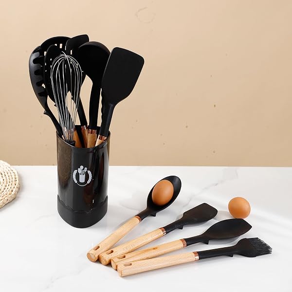 JIUFEI HOME 13-PIECE SILICONE KITCHEN UTENSILS SET, WOODEN HANDLE NONSTICK COOKING TOOLS WITH SPATULA TURNER TONGS LADLE, HEAT RESISTANT 450°F BPA-FREE DISHWASHER SAFE COOKWARE ACCESSORIES (WHITE)