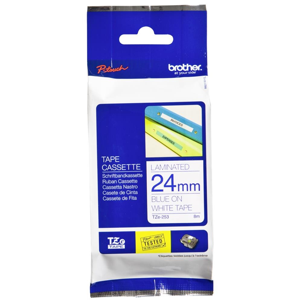 Brother TZe-253 Labelling Tape Cassette, 24 mm (W) x 8M (L), Laminated, Brother Genuine Supplies - Blue on White
