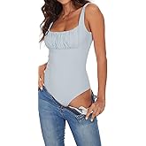 BEJONS Women's Sexy Square Neck Ruched Bodysuit Sleeveless Double Lined Tank Tops