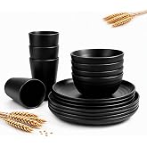 16PCS Wheat Straw Dinnerware Set Plates Bowls Cups for 4,Dishes Set (Black) | Unbreakable,Lightweight,Reusable,Dishwasher Microwave Safe,New Home Dorm Gift,Apartment Essential,Outdoor Picnic &amp; Kitchen