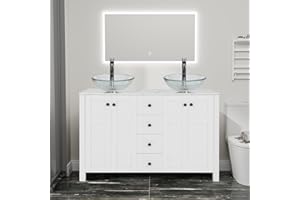 Puluomis 48 inch Bathroom Vanity, Bathroom Cabinet Vanity in White Finish with Marble Texture Top and 4 Drawers, Modern Stand Pedestal Bathroom Vanity Set with Two Bathroom Glass Vessel Sinks