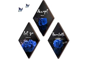 ZINYAZHE 3 Pcs Blue Bathroom Decor Blue Rose Wall Decor Farmhouse Blue Bedroom Decor Inspirational Wood Office Wall Art with Accept Let Go Have Faith Sign for Girl Women Living Room(Blue Rose 12 x 7 Inch)