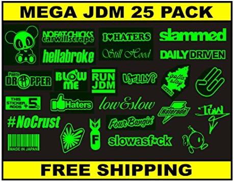 JDM Mega Import Car Sticker Pack Vinyl Decals / You Choose Color / You Get 25 Stickers /! / Jdm, Stance, Drift, Bomb, Blow Me, Panty Dropper (green)