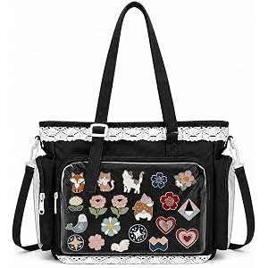 Kawaii Lace Trim Ita Bag with Pin Display Window & Insert, Aesthetic Crossbody Bag, Cute Messenger Bag Y2k Tote Bag