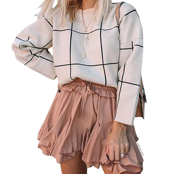 Chicwish Women’s Comfy Casual Long Sleeve Cream Grid Turtleneck/Round Neck Knit Top Pullover Sweater/Sweater Dress