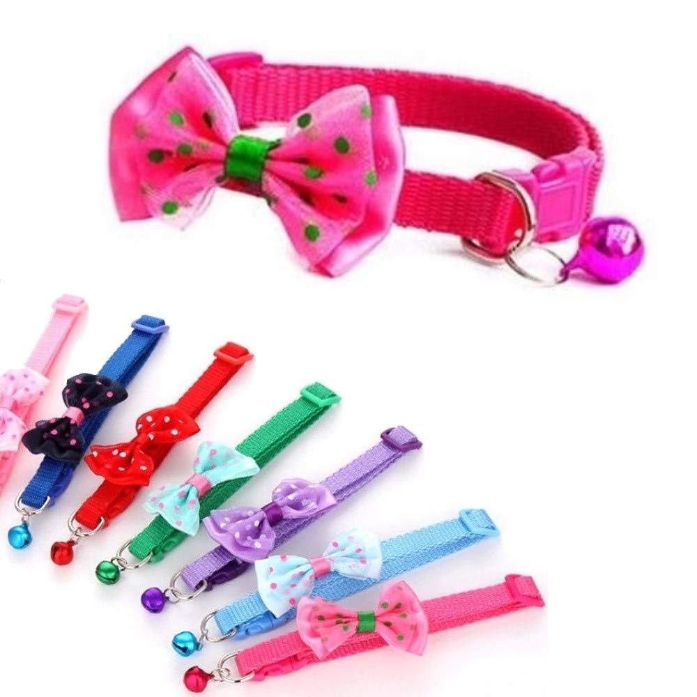 Small Dog Puppy Pet Collar Bow Tie Decoration with Bell Nylon Adjustable Size 19-32cm Pink Magenta Rose