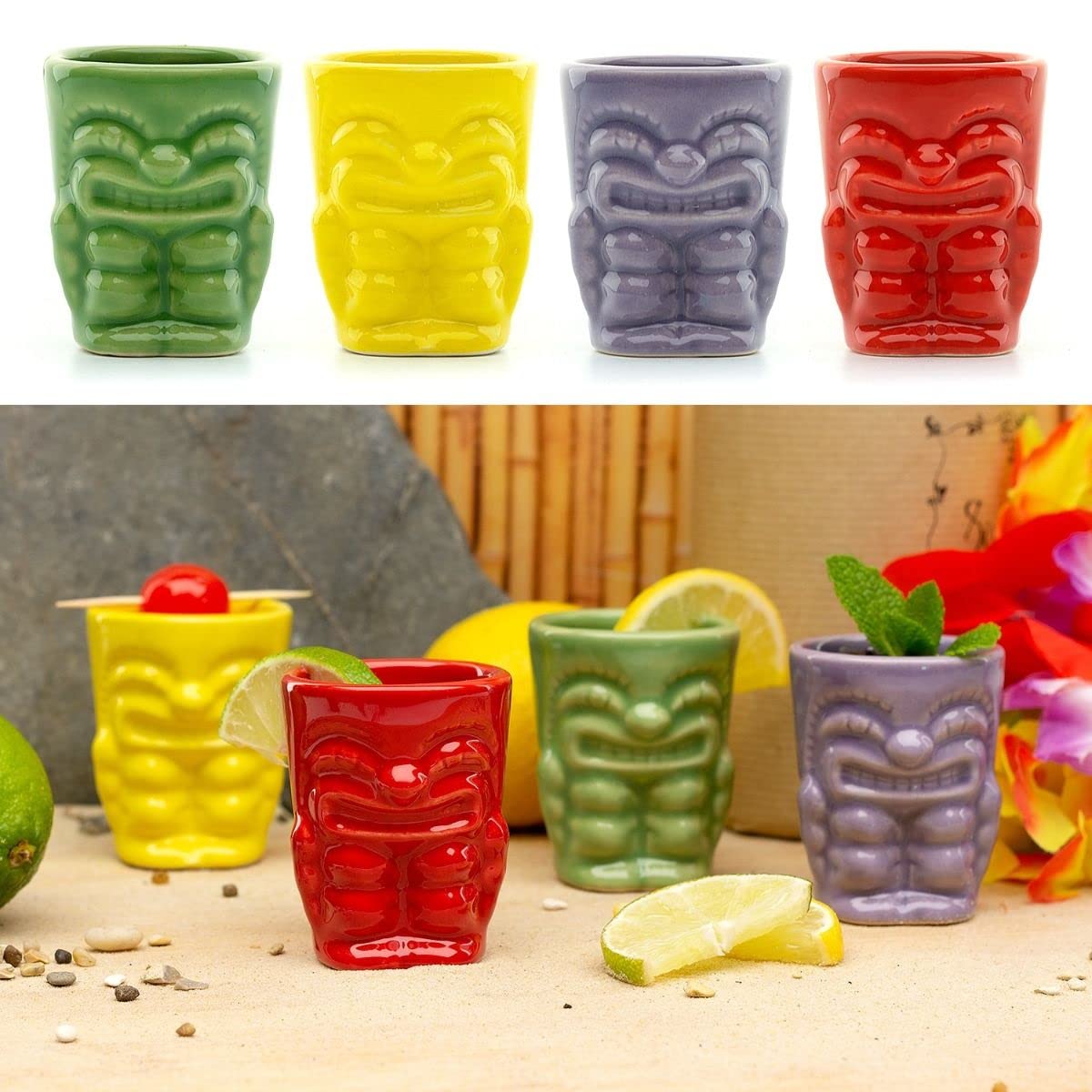 CKB LTD Ceramic Tiki Bar Shot Glasses 50ml Pack of 4 Drinking Shooters Novelty Small Spirit Drinking Tumblers – Ideal for Hawaiian Party Coloured Ceramic 50ml