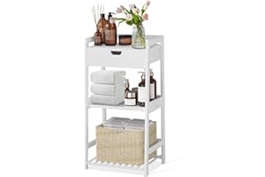 POXAKA 3 Tier Bamboo Bathroom Shelves with Drawer, Ladder Shelf for Bathroom Storage, Space-Saving Design, Stylish Display Nightstand, Stylish Storage Solution for Home, Living Room, Kitchen, Office