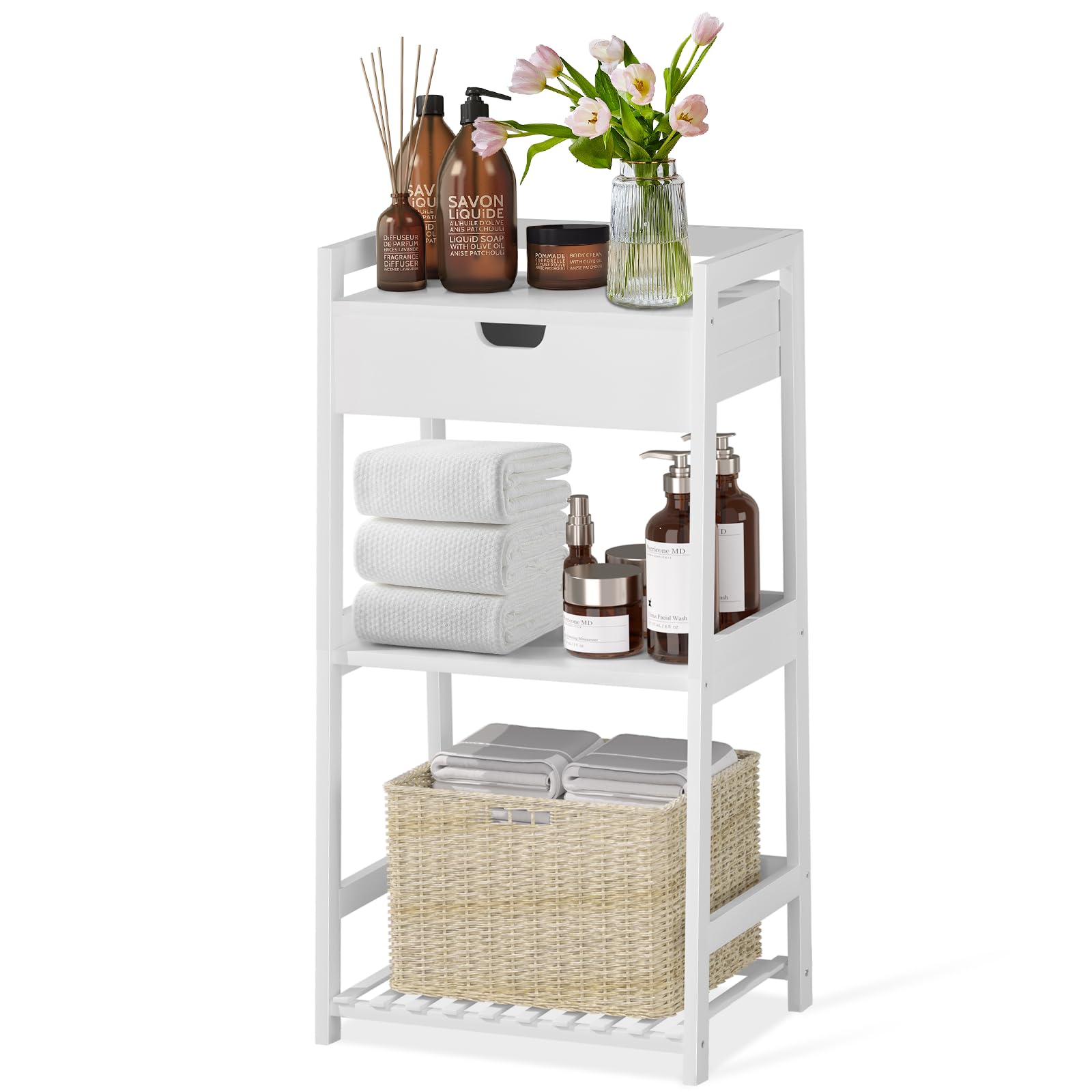 Photo 1 of POXAKA 3 Tier Bamboo Bathroom Shelves with Drawer, Ladder Shelf for Bathroom Storage, Space-Saving Design, Stylish Display Nightstand, Stylish Storage Solution for Home, Living Room, Kitchen, Office