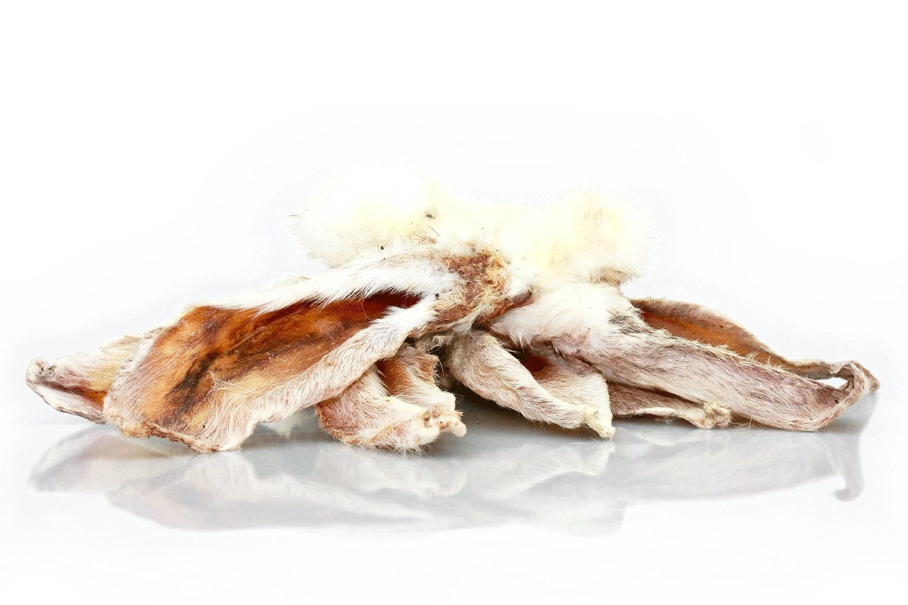 Ace Antlers Air Dried Rabbit Ears with Fur Dog Chews. A single ingredient, air dried hypoallergenic treat. Sourced from the EU. 100g packs.