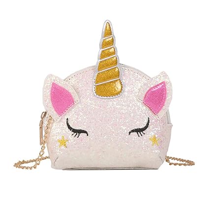 Fancyku- Glitter Unicorn Crossbody Purse Bag Cute Cartoon Unicorn Sequin Crossbody Bag Novelty Unicorn Horn Handbag for Teens Girls Women(White)